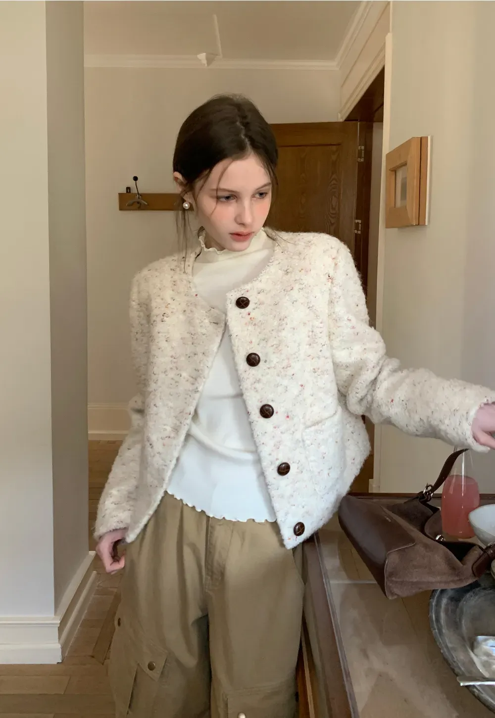 Textured Short Jacket with Long Sleeves and Round Neck