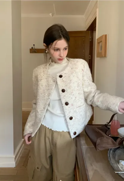 Textured Short Jacket with Long Sleeves and Round Neck