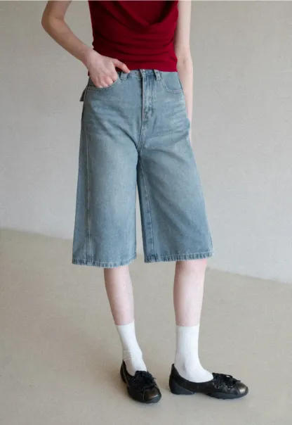 Wide Leg Denim Shorts with Belt and Back Pockets