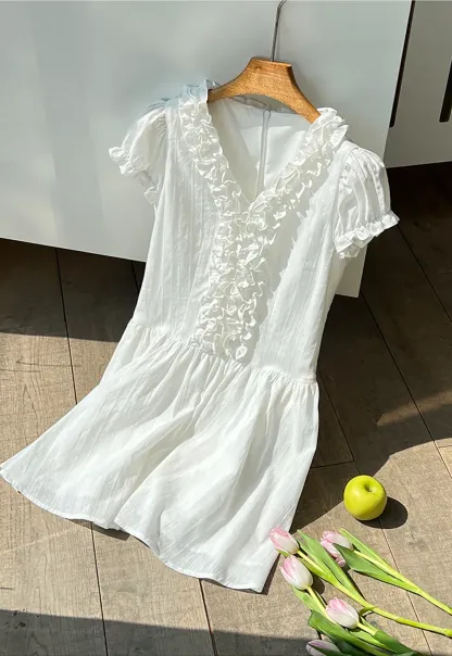 Ruffled V Neck Short Sleeve A Line Dress