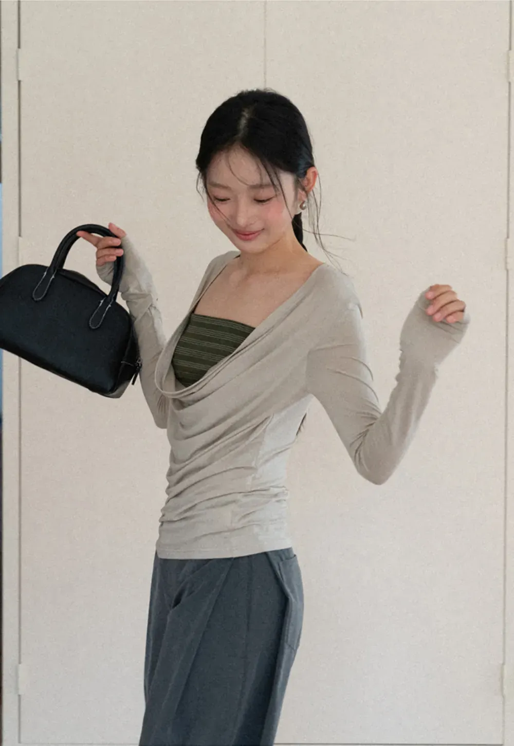 Long sleeve draped neckline top with square cutout