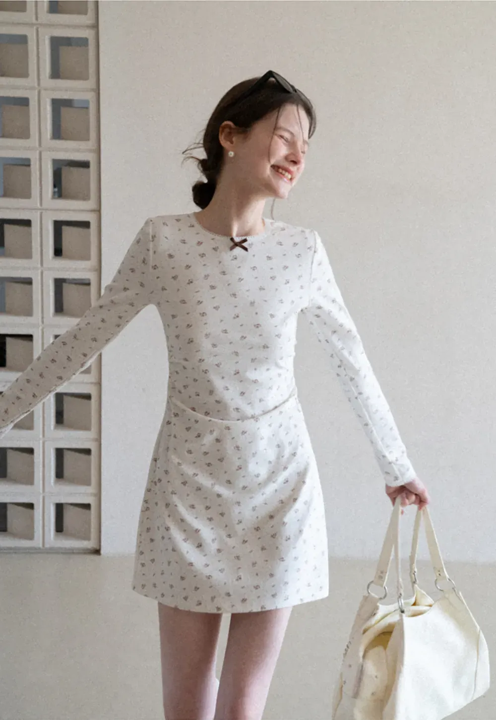 Long Sleeve Floral Print Dress with Cross Neck Detail