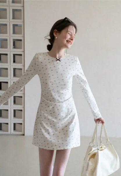 Long Sleeve Floral Print Dress with Cross Neck Detail