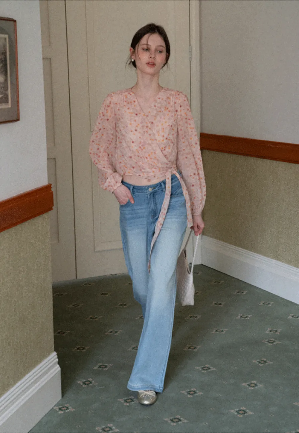 Lace Chiffon Wrap Blouse with Long Sleeves