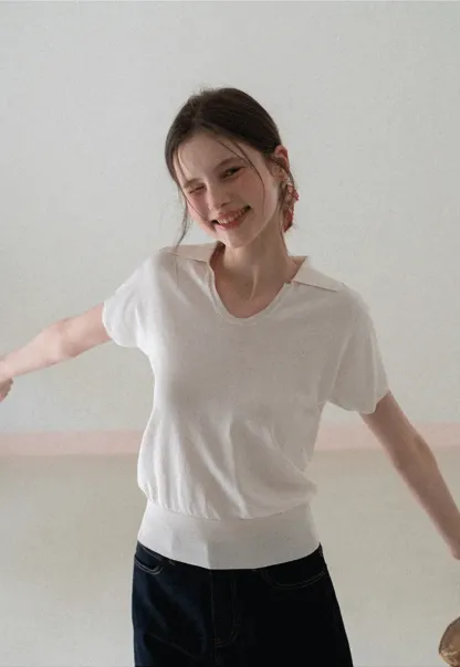 V Neck Short Sleeve Knit Sweater with Collar