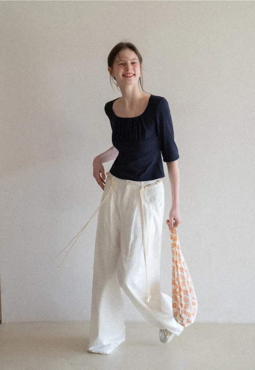 Square neck short sleeve top with gathered detail