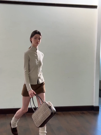 Stand-Collar Twist Button Knit Top