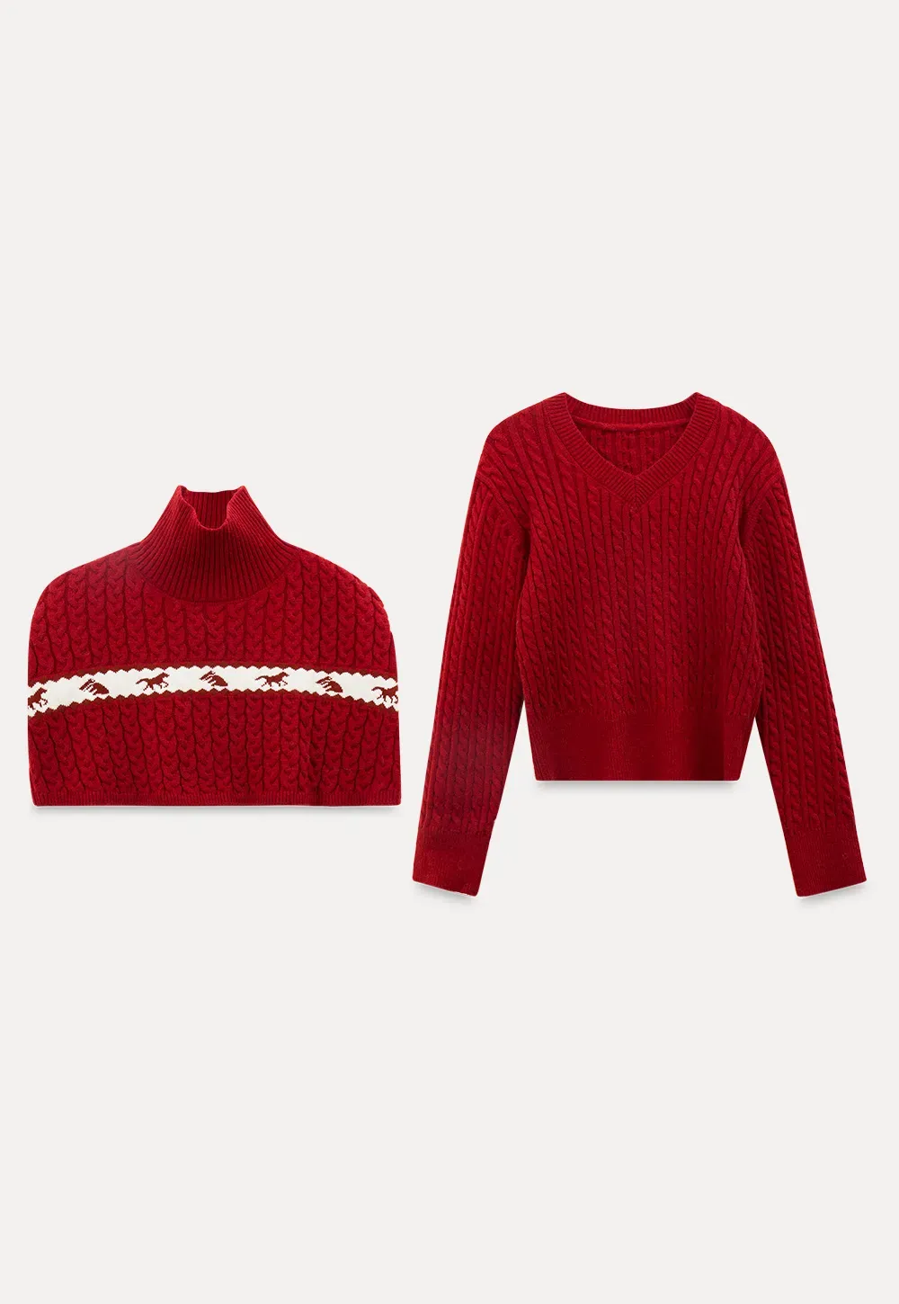 Turtleneck Cable Knit Sweater with Horse Pattern Stripe