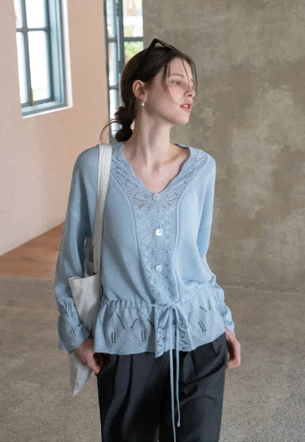 Lace Trimmed V Neck Knit Sweater with Drawstring Hem