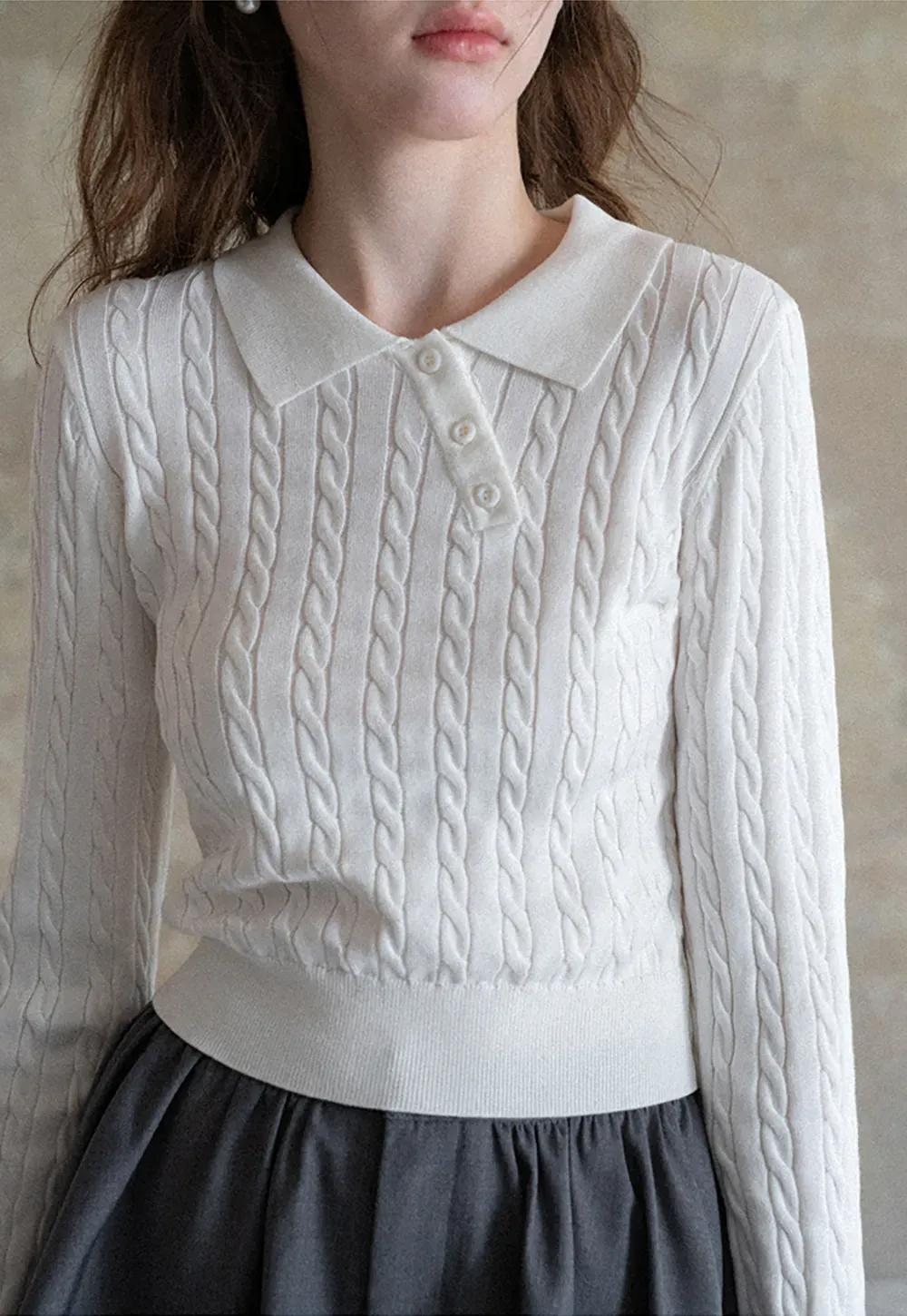 Cable Knit Long Sleeve Polo Neck Cropped Sweater