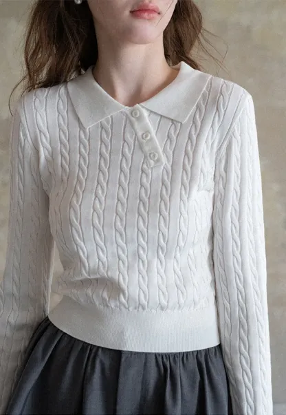 Cable Knit Long Sleeve Polo Neck Cropped Sweater