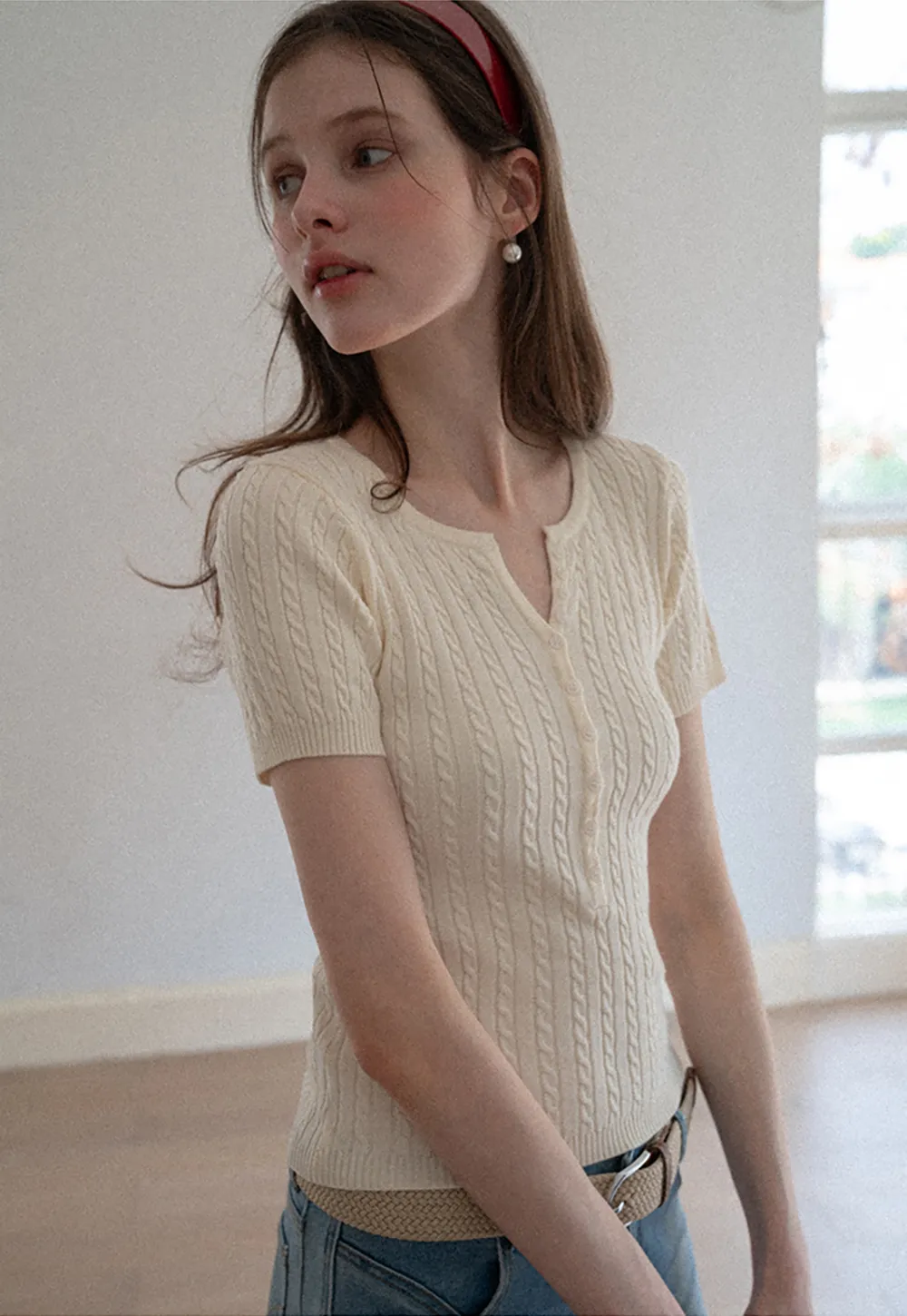 Cable Knit Short Sleeve V Neck Sweater