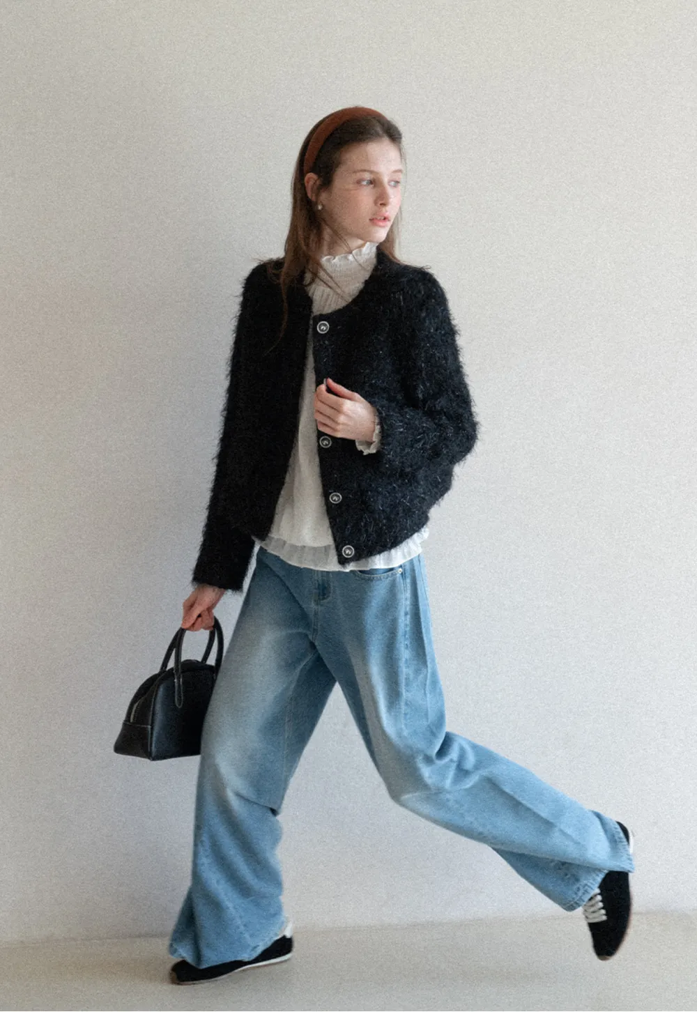 Fuzzy Knit Short Jacket with Button Detail