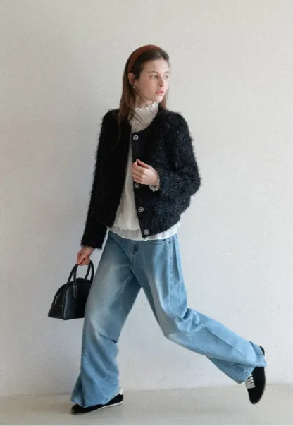 Fuzzy Knit Short Jacket with Button Detail