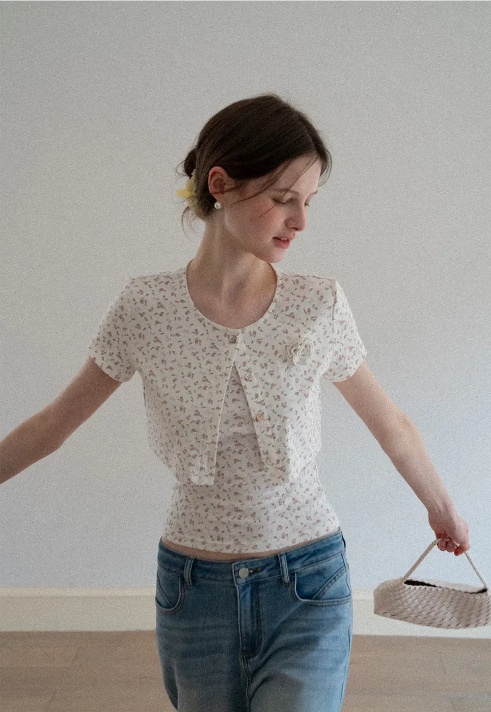 Short sleeve floral print top and tank top set