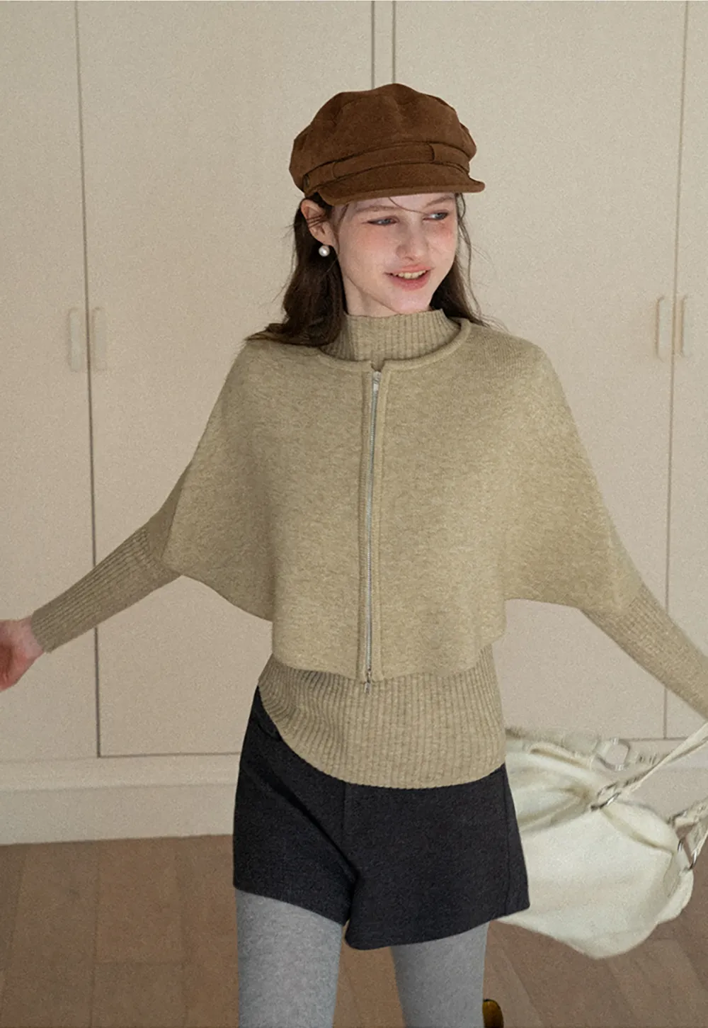 Zipper Front Knit Sweater with Wide Sleeves