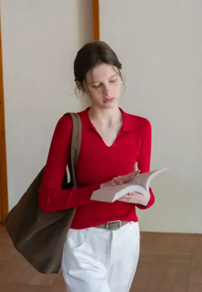 Ribbed Knit Long Sleeve Polo Neck Sweater