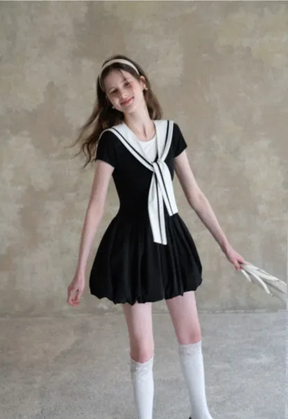 Sailor Collar Short Sleeve Flared Dress