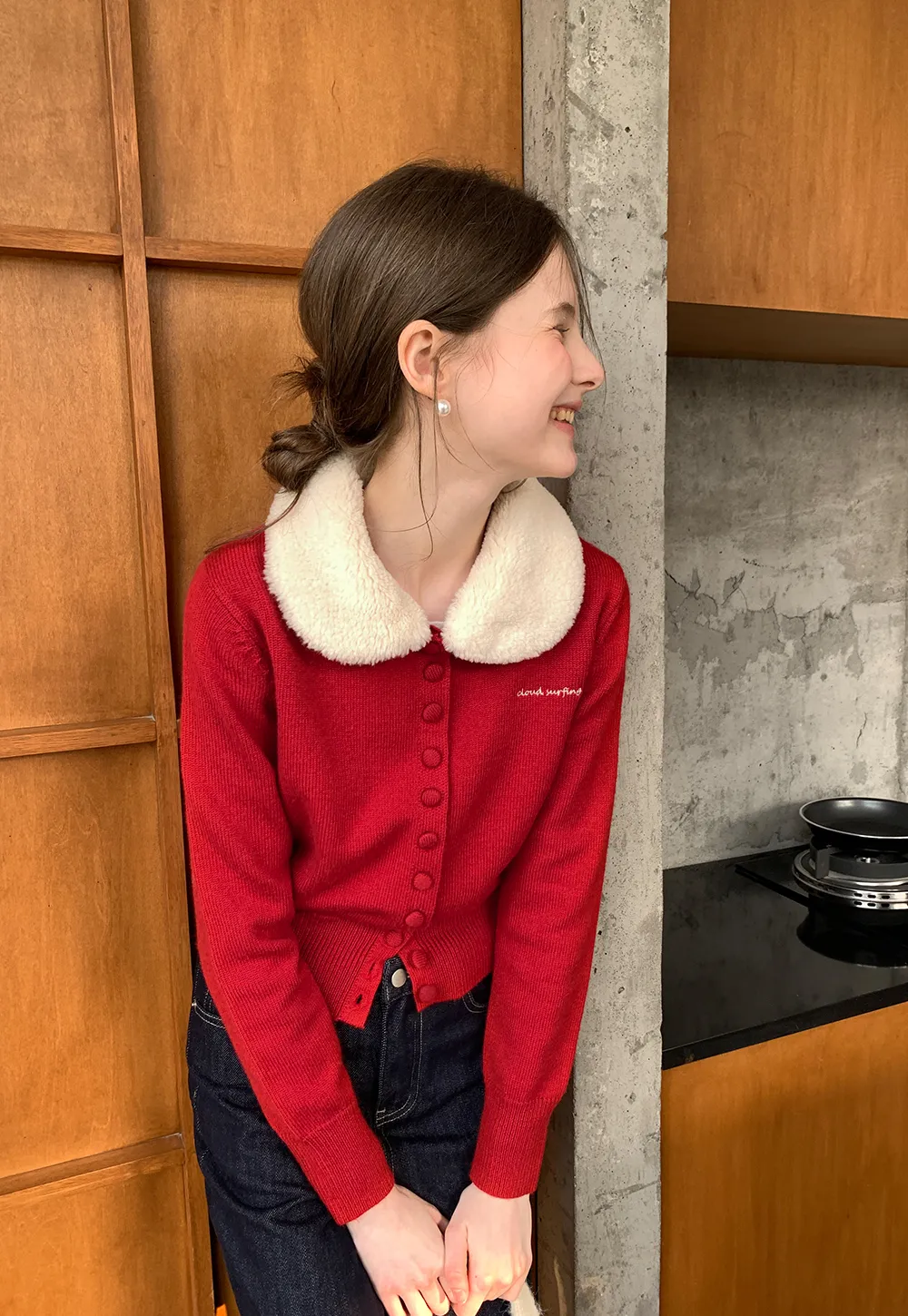 Soft Collar Knit Cardigan with Embroidery Design