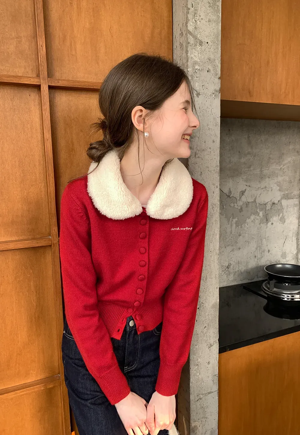 Soft Collar Knit Cardigan with Embroidery Design