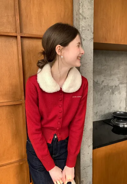 Soft Collar Knit Cardigan with Embroidery Design