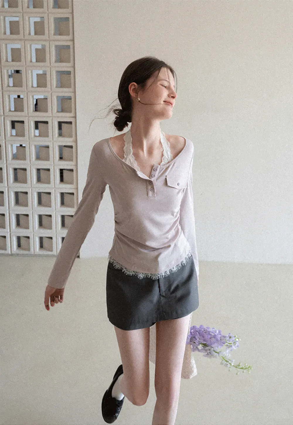 Long sleeve Henley top with lace trim