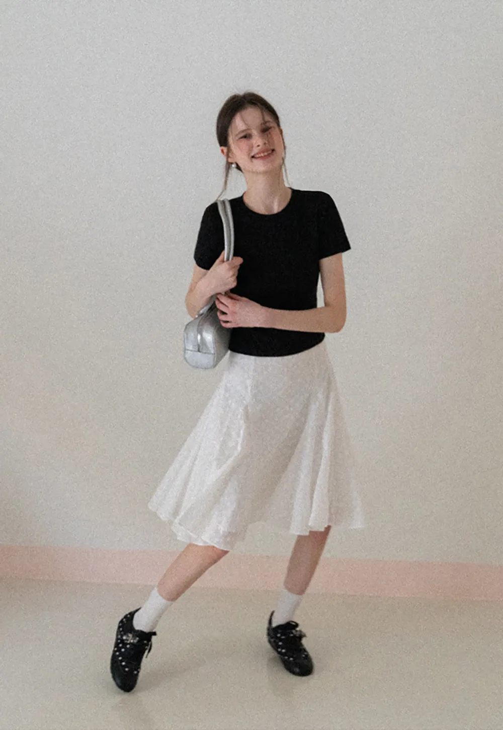 Short Sleeve Crew Neck T Shirt with Sheer Scarf Detail