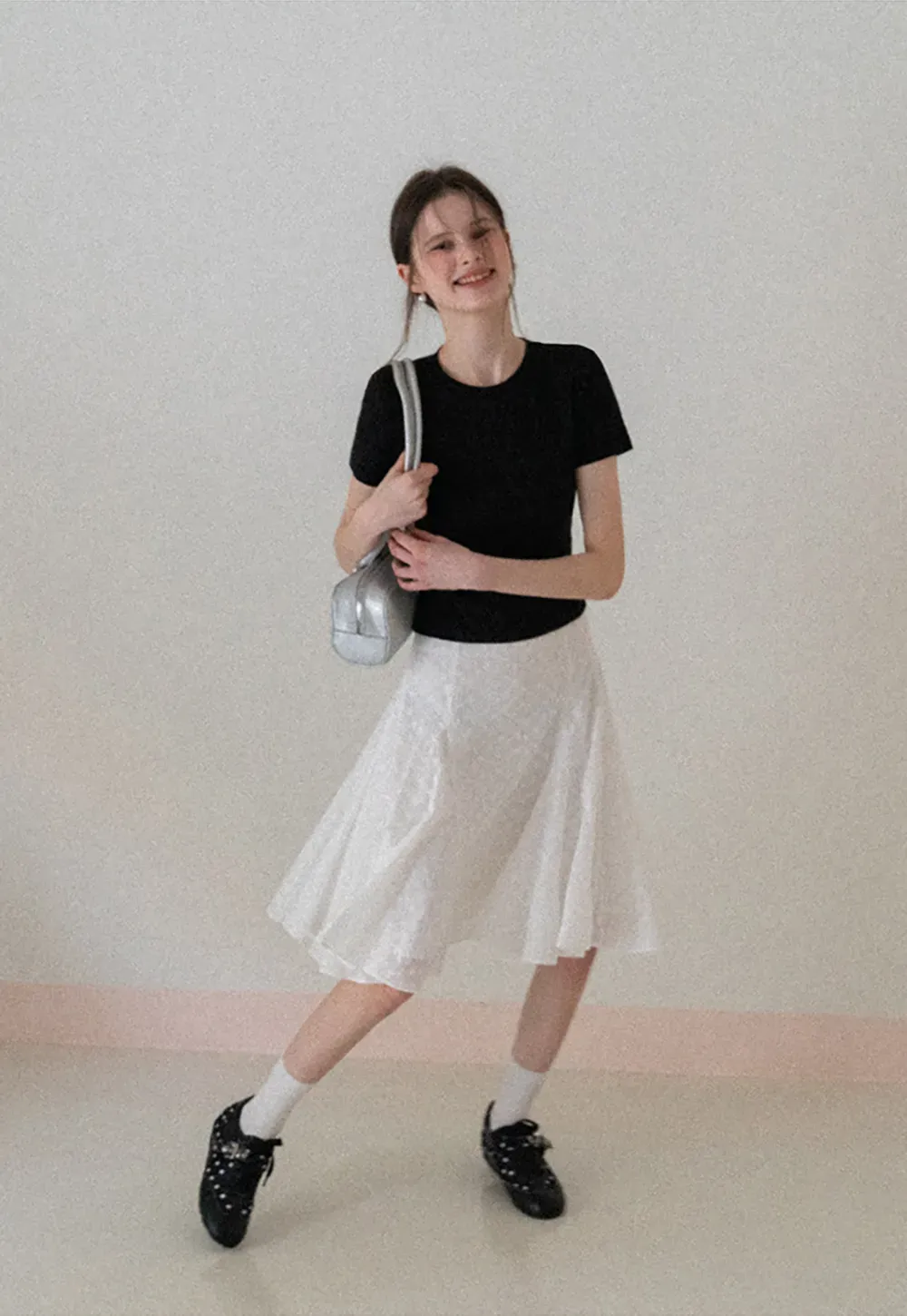 Short Sleeve Crew Neck T Shirt with Sheer Scarf Detail