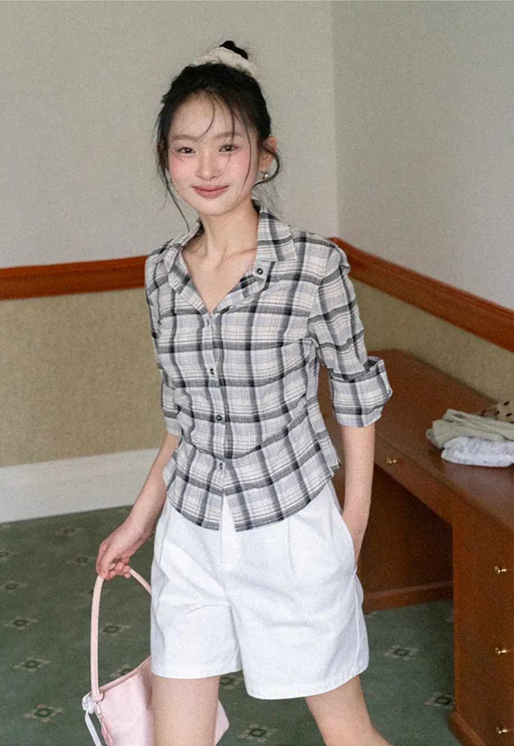 Plaid Shirt with Rolled Sleeves and Button Front