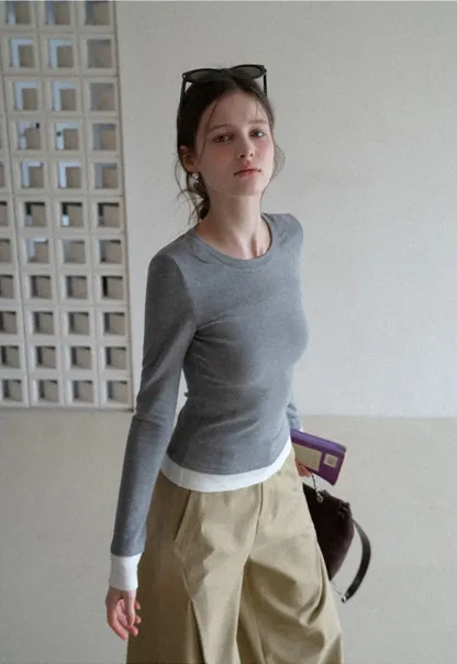 Long sleeve round neck layered t shirt design top