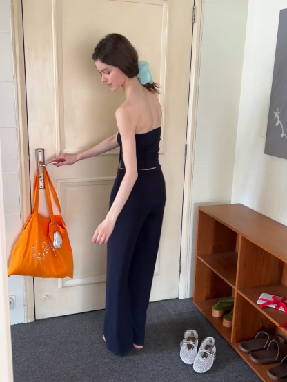 Tube Top with Drawstring Waist and Wide Leg Casual Pants