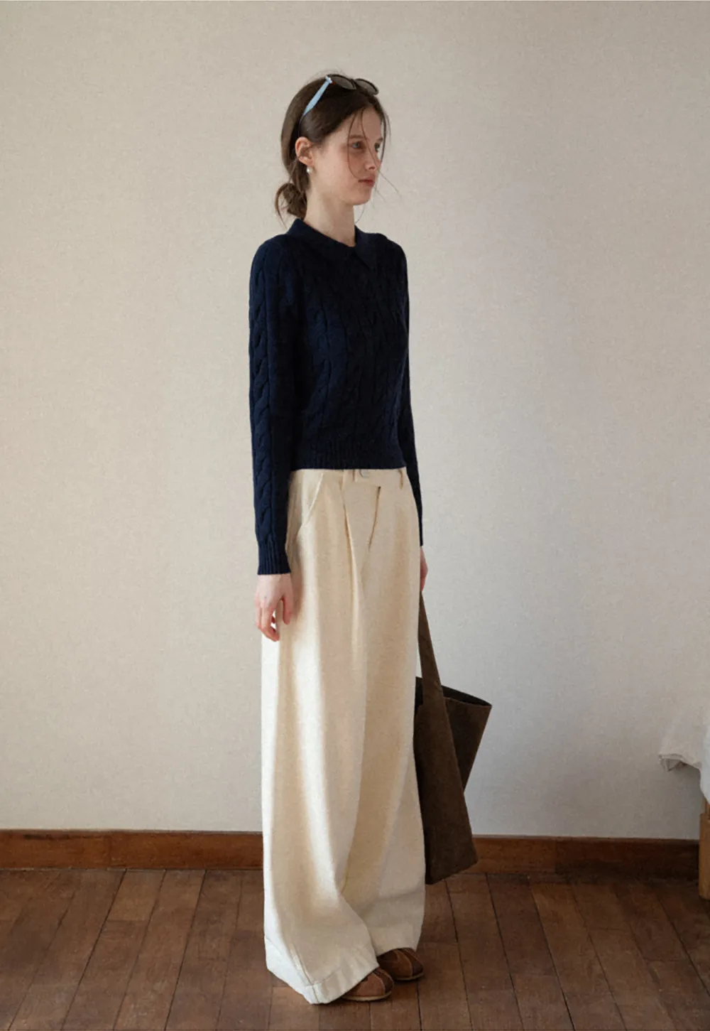 Cable Knit Crop Sweater with Collar