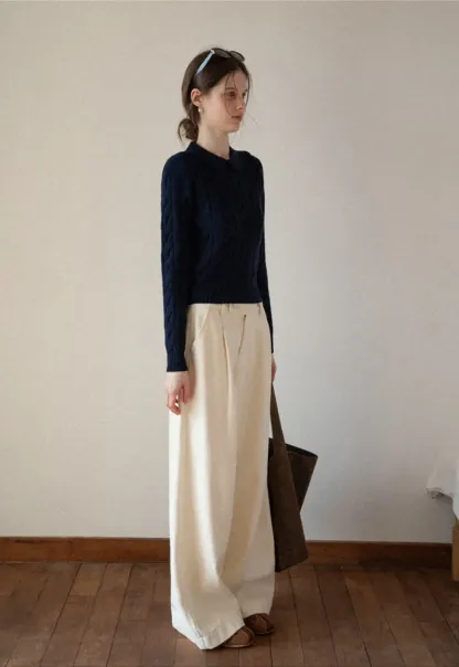 Cable Knit Crop Sweater with Collar