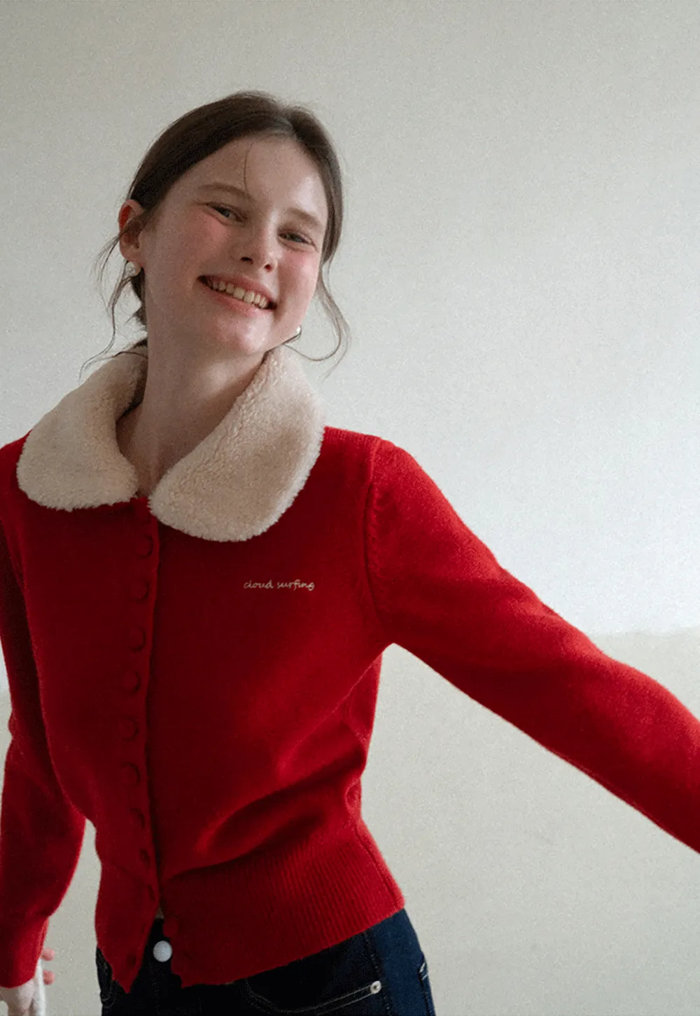 Soft Collar Knit Cardigan with Embroidery Design