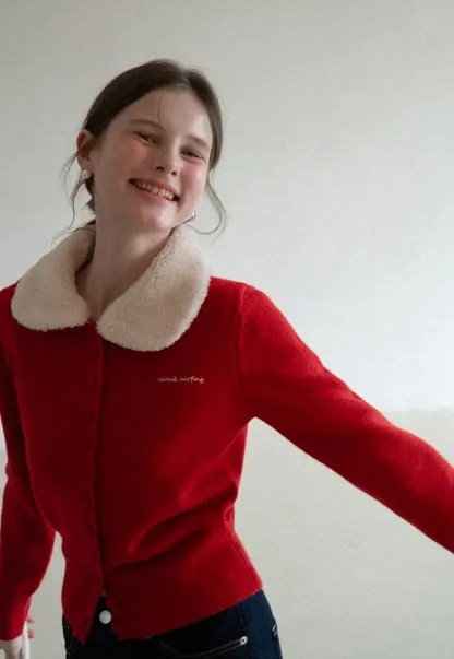 Soft Collar Knit Cardigan with Embroidery Design