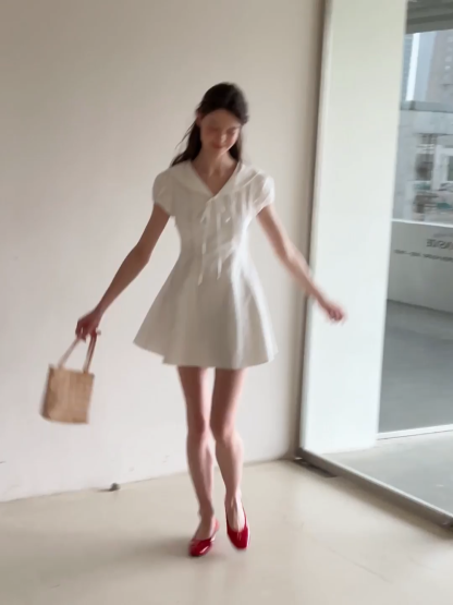 Puff Sleeve Collar Tie Front Dress