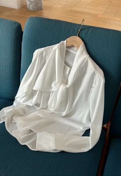 Ribbed Long Sleeve Shirt with Tie Neck Detail