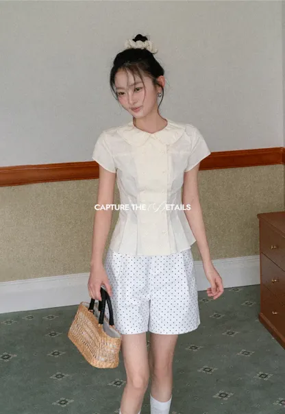 Short Sleeve Shirt with Peter Pan Collar and Peplum Hem