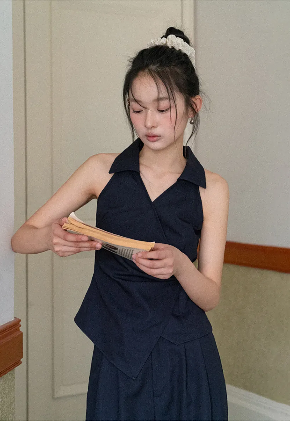 Sleeveless Collared Top with Wrap Detail and Wide Leg Pants