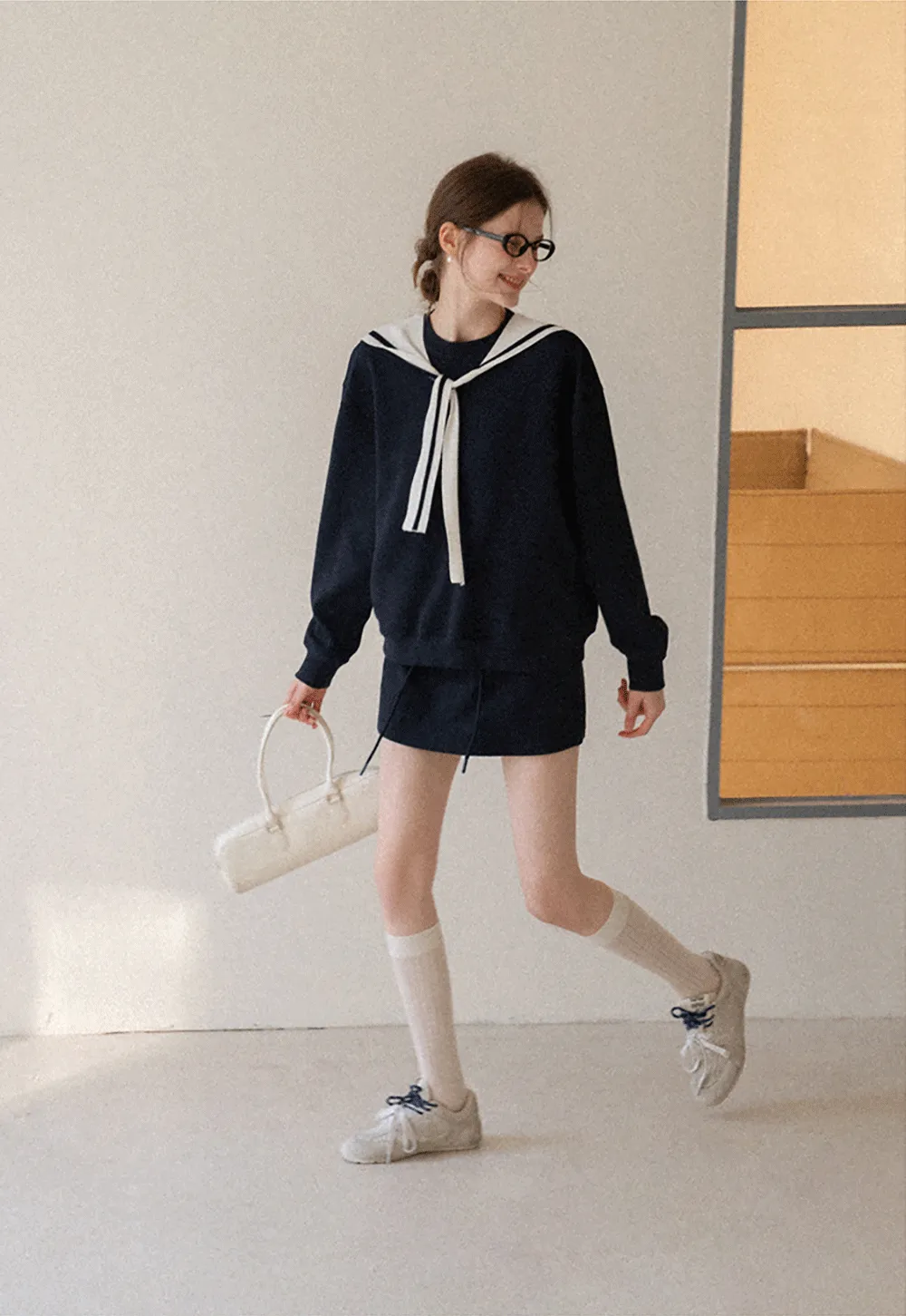 Sailor collar sweatshirt scarf shawl skirt set