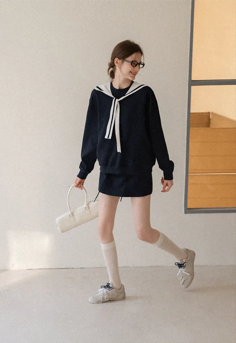 Sailor collar sweatshirt scarf shawl skirt set