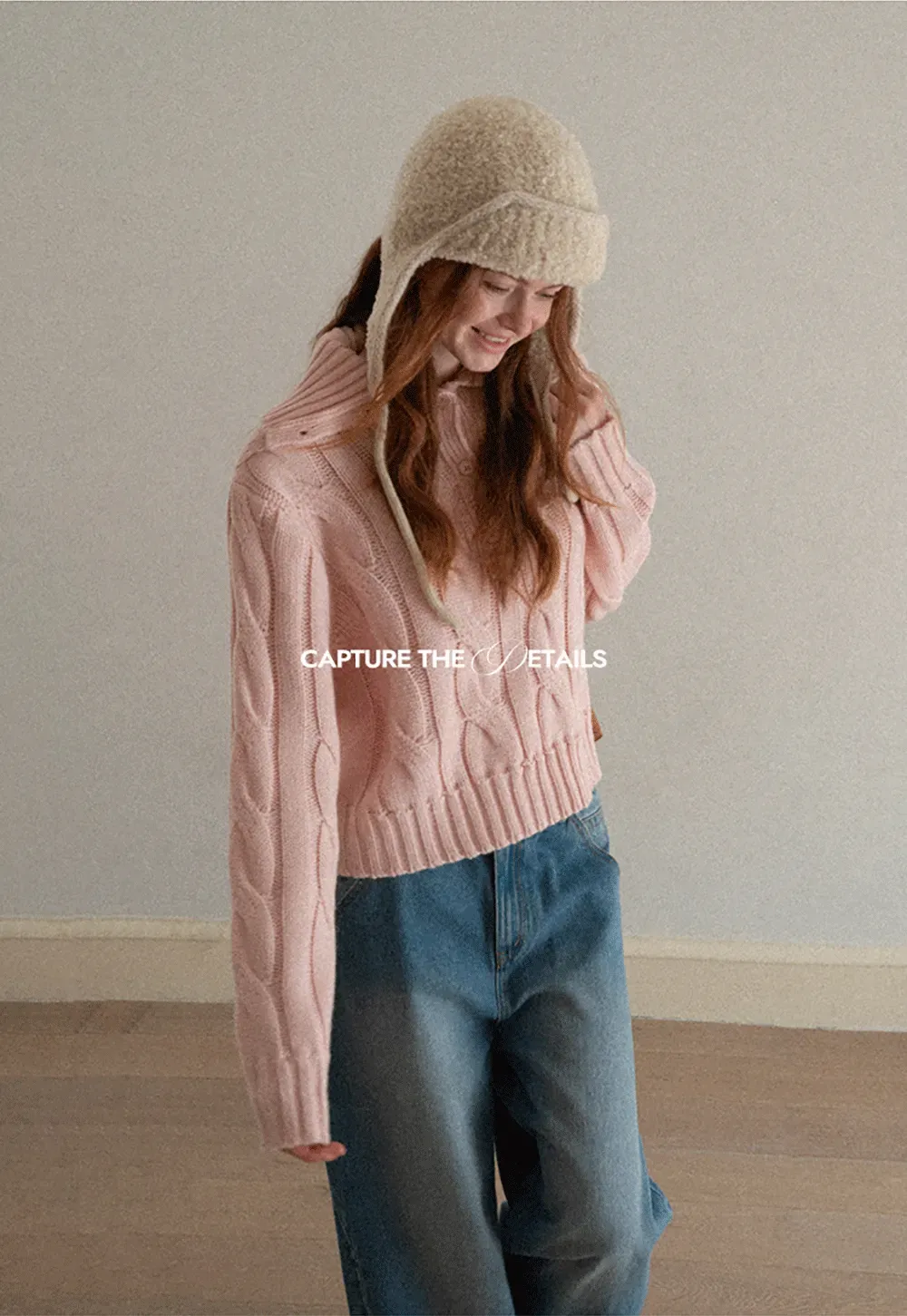 Cable Knit Turtleneck Sweater with Ribbed Sleeves and Hem