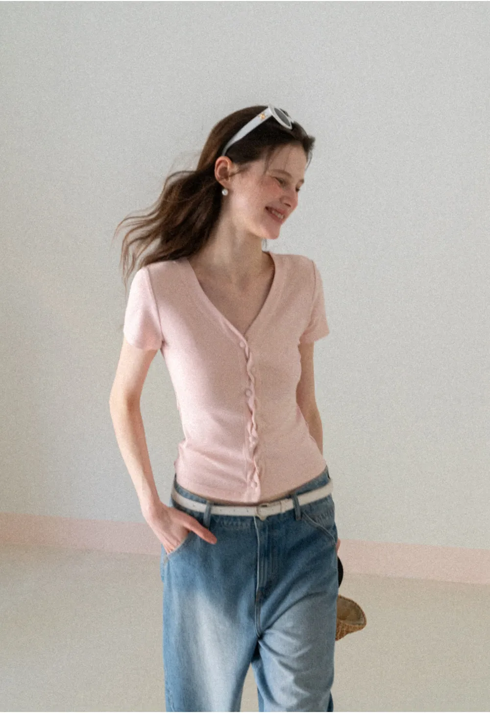 V neck short sleeve button front top