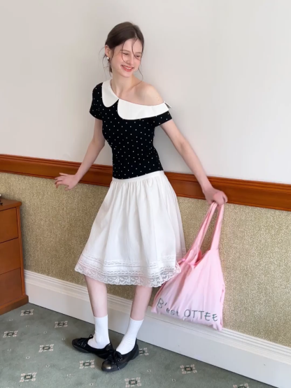 Polka dot short sleeve top with Peter Pan collar