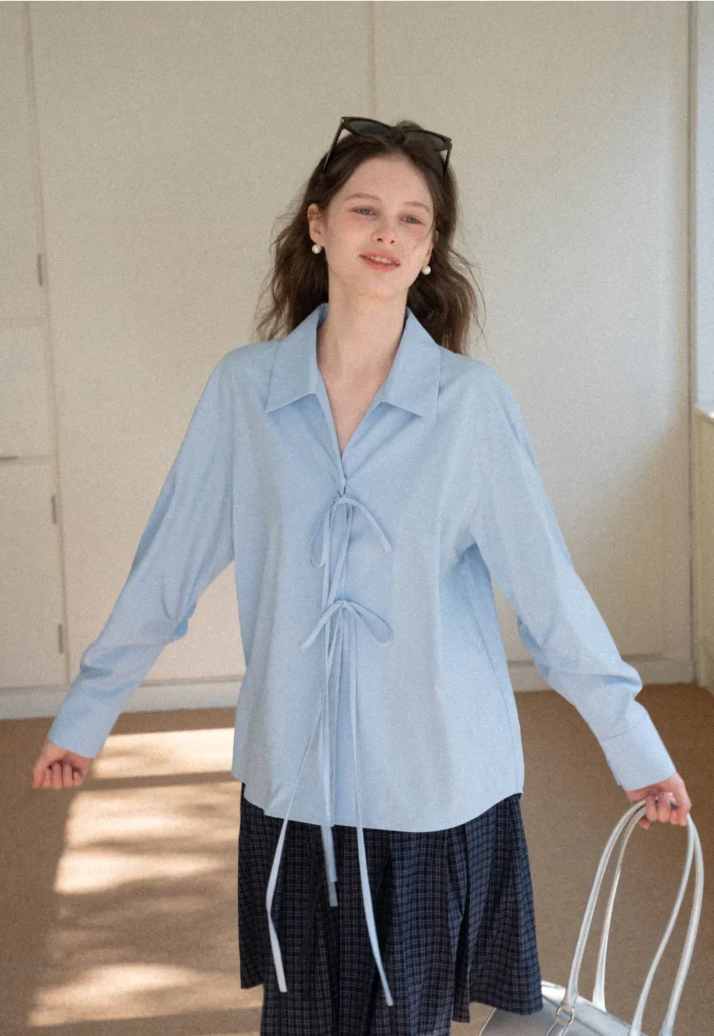 Long sleeve shirt with front tie detail