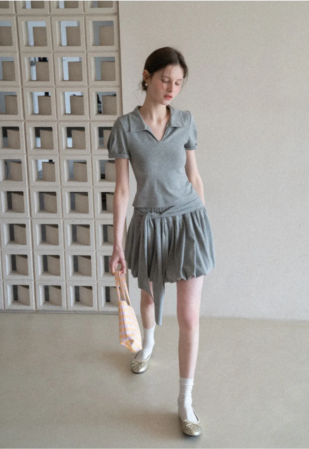 Polo collar short sleeve top with pleated skirt