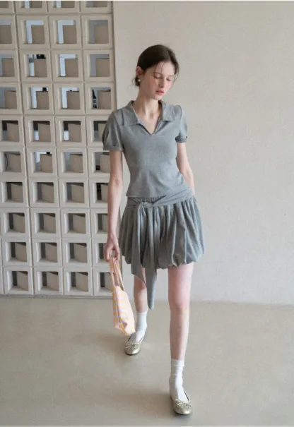 Polo collar short sleeve top with pleated skirt