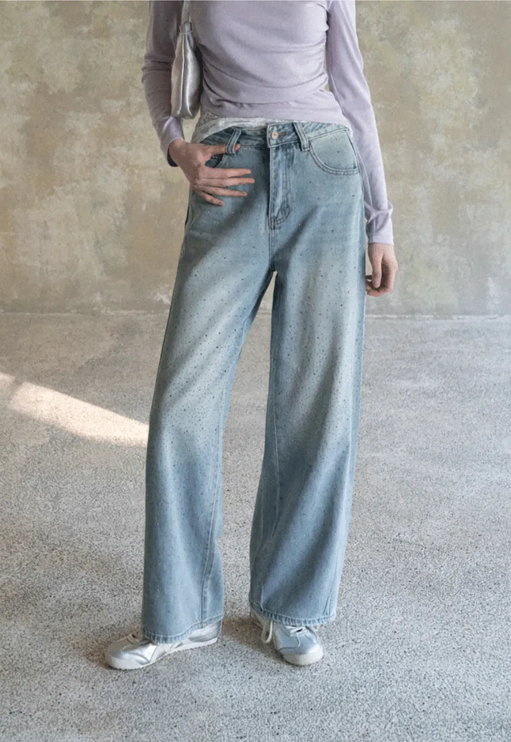 Wide leg jeans with subtle dot embellishments