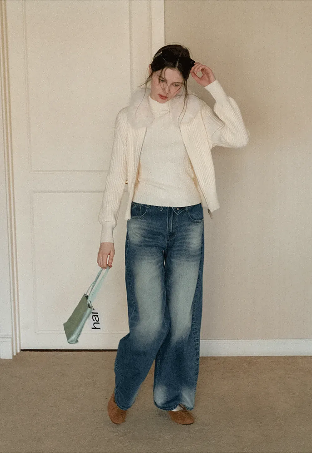 Wide leg high waist denim jeans with faded wash design