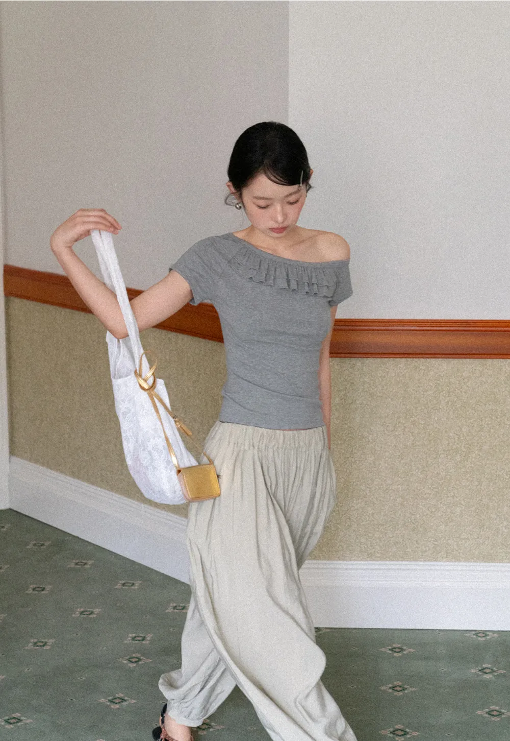 Off shoulder short sleeve top with ruffle detail